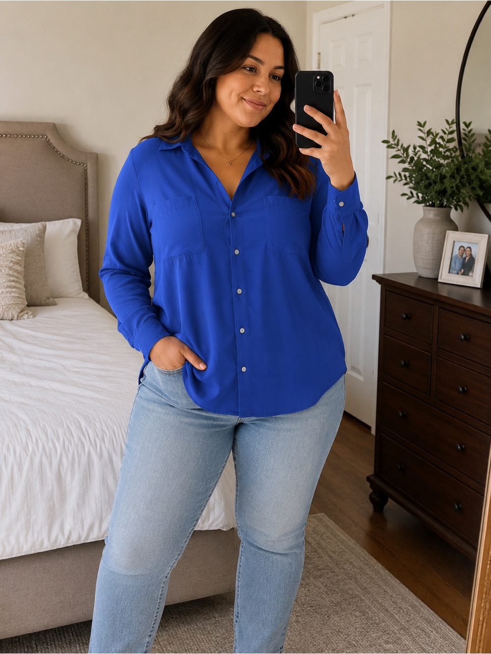 Tommy Hilfiger Blue Button-Up Blouse | Women’s Large